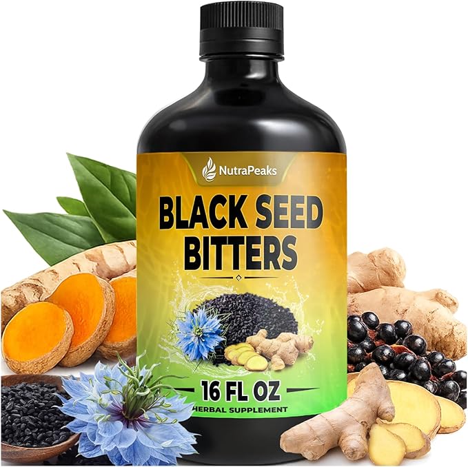 Black Seed Oil Bitters Liquid - Premium Herbal Blend with Black Seed Extract Curcumin (Turmeric Extract) Ashwagandha Elderberry Probiotics Vitamin C Zinc...16 fl oz | Natural Botanical Blend