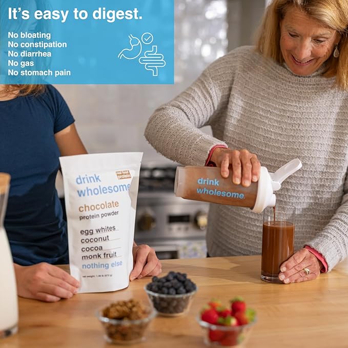 drink wholesome Chocolate Egg White Protein Powder for Sensitive Stomachs | Minimally-Processed Whole-Food Protein | Additive-Free Dairy-Free Gluten-Free | Low FODMAP