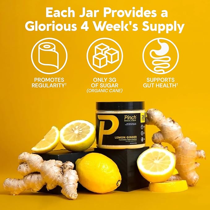 Pinch Magic Sugar Free Fiber Powder – Light Lemon Ginger Psyllium Husk with Bromelain &amp Vitamins C &amp D – Vegan Gluten-Free Clean Label USA-Made GMP-Certified – 28-Day Supply