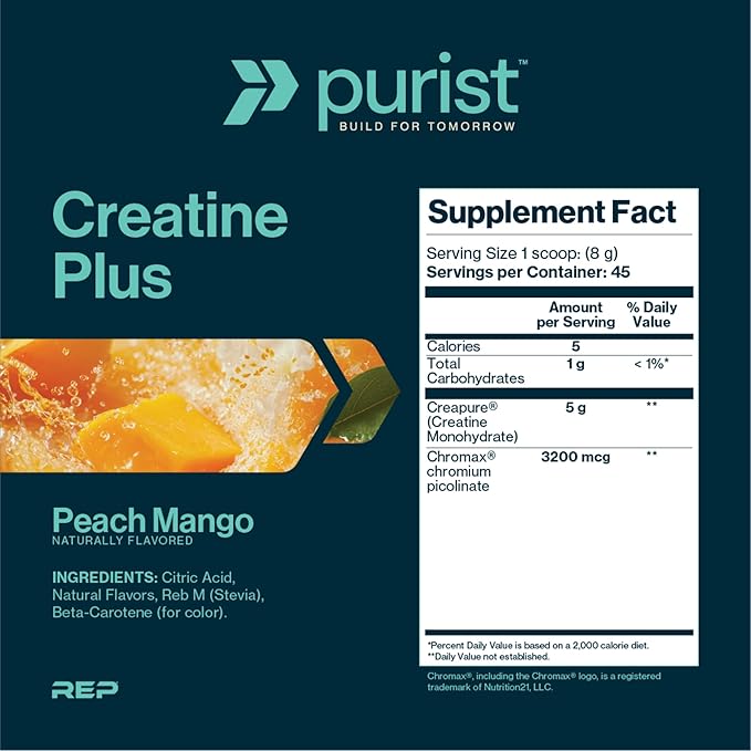 PURIST Protein Creapure Creatine Plus Monohydrate | Workout Powder Supplement | Women Men Muscle Strength Energy Recovery | Clean Nutrition | NSF Certified | Contains Sugar Free Stevia (Peach Mango)