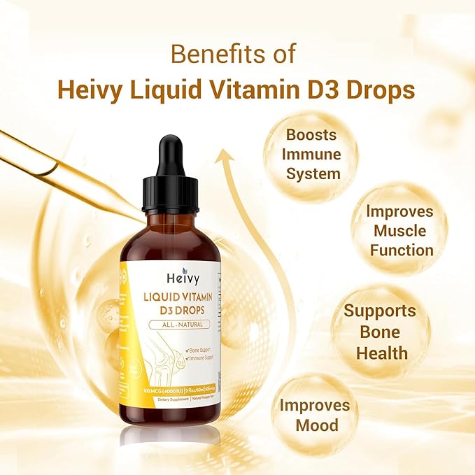 Heivy Liquid Vitamin D Drops Pineapple Flavour Vitamin D3 100 mcg (4000 IU) Per Serving Bone &amp Immune Support Vegan Gluten-Free Non-GMO 2 Fl Oz/60ml (Pack of 2)
