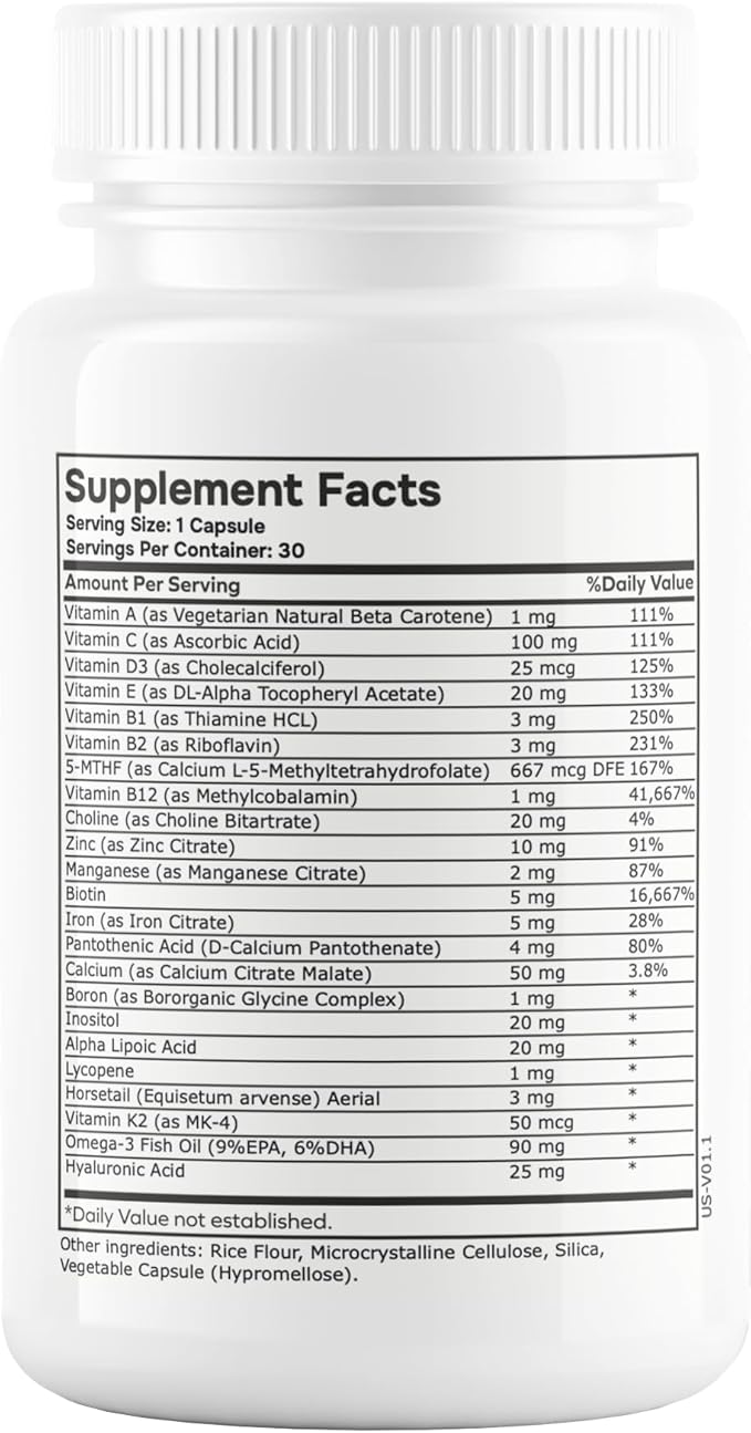 Womens Methylated Multivitamin Multimineral Horsetail Iron Biotin Complex with L Methylfolate for Ultra Absorption