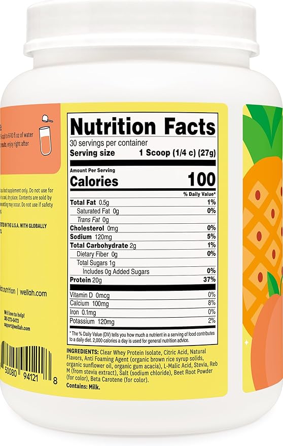 Wellah Clear Whey Protein Isolate Powder (Peach Pineapple) 30 Servings - 20g of Protein 100 Calories Sweetened with Stevia