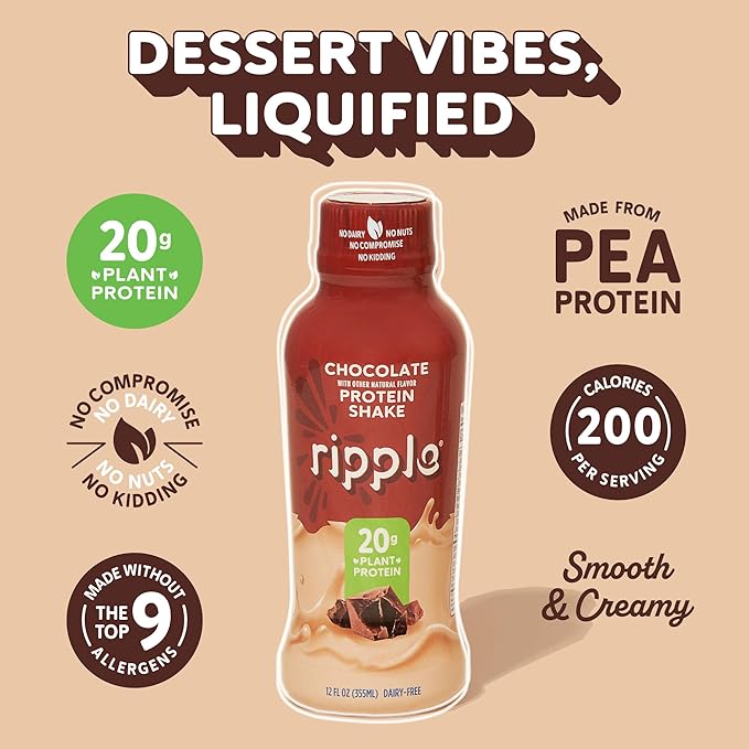 Ripple Vegan Protein Shake | Chocolate | 20g Nutritious Plant Based Pea Protein | Shelf Stable | No GMOs Soy Nut Gluten Lactose | 12 Oz 12 Pack
