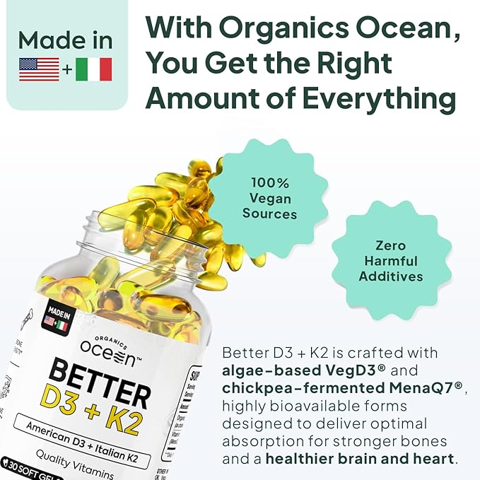 Organics Ocean Better D3 + K2-100% Organic VIT D3 and K2 Supplements with Maximum Bioavailability - Supports Bone Density Calcium Balance Immunity &amp Mood - 1-Pack 30-Day Supply