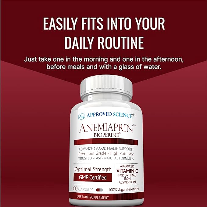 Approved Science Anemiaprin - Absorbable Iron Vitamin C - Gentle On Stomach - 120 Capsules - 2 Month Supply - Non-GMO Vegan