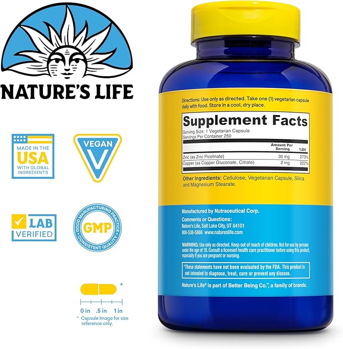 Nature's Life Nourishing Monolaurin 1000mg 250ct and Protecting Zinc Picolinate 30mg 250ct - Gut Health and Immune Support Supplements - Monolaurin from Raw Coconuts Chelated Zinc - 60-Day Guarantee