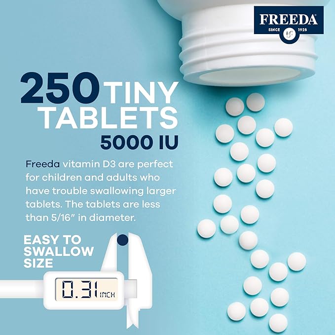 FREEDA Vitamin D3-5000 IU - Pure High Potency Kosher Supplement Tablets - Bone and Muscle Health Calcium Absorption Immune Support for Men and Women* - 250 Count