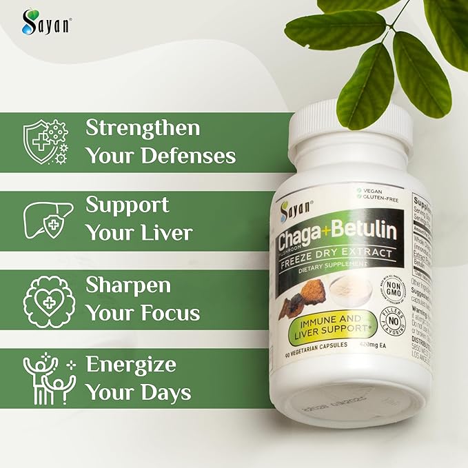 Sayan Siberian Chaga Mushroom Extract with Betulin – 90 Capsules/440mg ea – Wild-Harvested Antioxidant Blend – Immune System Support &amp Regulate Body Functions – Vegan Non-GMO No Fillers or Addit