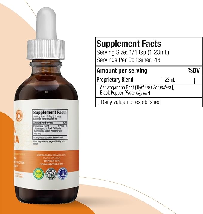 Rejuvica Health Ashwagandha Liquid Drops with Black Pepper Extract – Enhanced Absorption with Piperine &amp Withanolides – High Potency Adaptogen Tincture for Stress &amp Mood Support for Men &amp