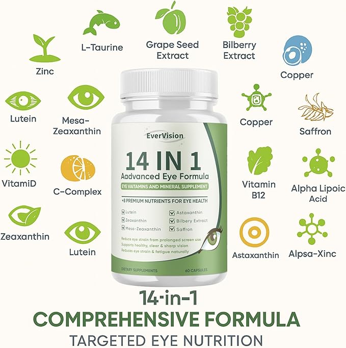 14 in 1 Advanced Eye Formula - Eye Vitamins &amp Minerals Supplement with Lutein Zeaxanthin Astaxanthin Bilberry Zinc 14-in-1 Formula for Eye Health Support - 60 Capsules (1)
