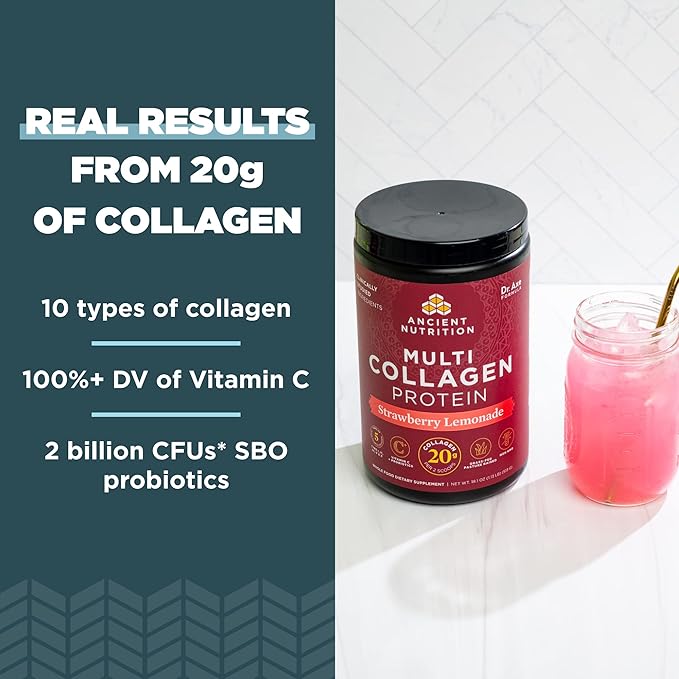 Ancient Nutrition Collagen Peptides Powder Multi Collagen Protein Women &amp Men Vitamin C Probiotics Hydrolyzed Collagen Supports Skin Joints Gut Health Strawberry Lemonade 24 Servings