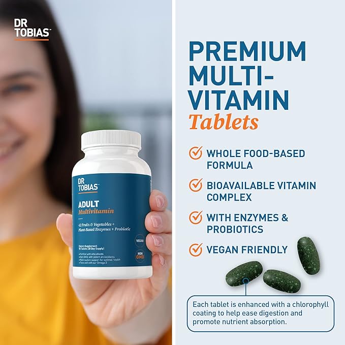 Dr. Tobias Adult Multivitamin for Women &amp Men Immune Supporting Vitamins from 42 Fruits Vegetables Plus Probiotics Vegan Multivitamins for Men &amp Women Non-GMO 180 Tablets 60 Servings