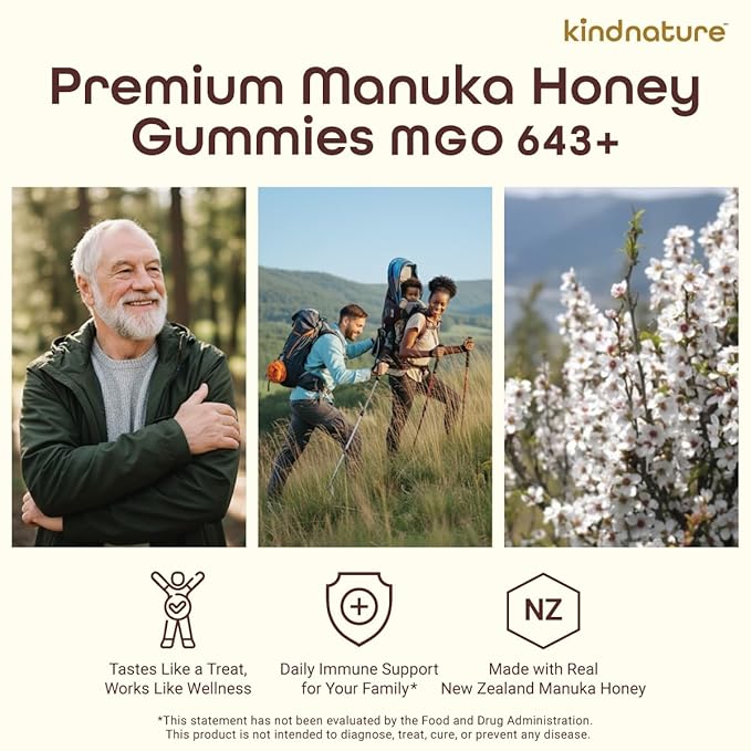 KINDNATURE Manuka Honey Medical Grade Gummies with MGO 643+ | New Zealand Manuka Honey with Zinc Vitamin C Elderberry – Immune &amp Throat Support Supplement | Kids Immune Support