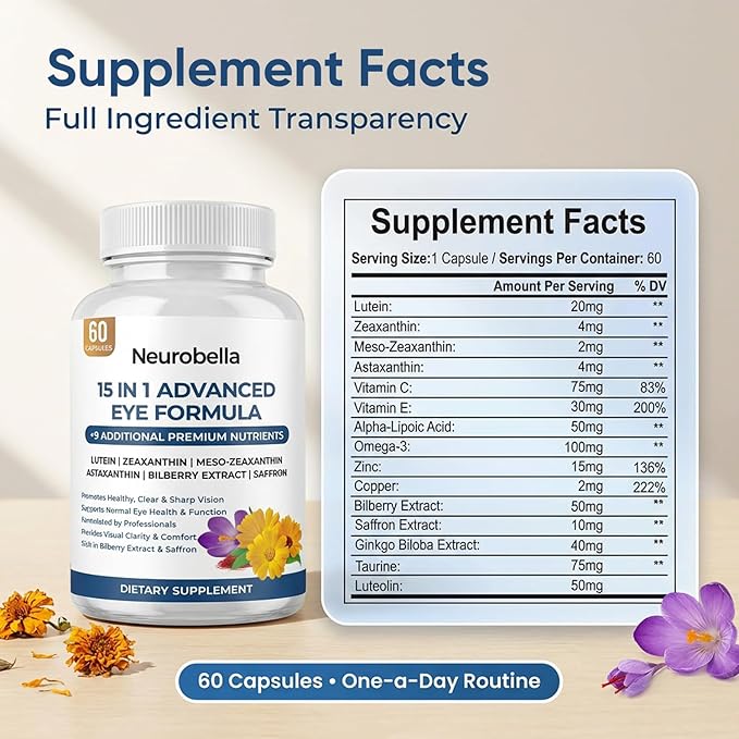 Neurobella Eye Formula - Neurobella 15 in 1 Advanced Eye Formula with All 3 Carotenoids Lutein &amp Zeaxanthin Bilberry Extract and Saffron 60 Capsules