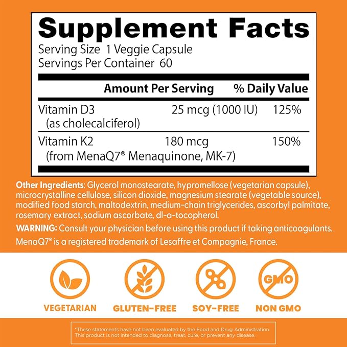 Doctors Best Natural Vitamin K2 MK-7 Plus D3 Supports Tissue Artery &amp Bone Health Non-GMO Gluten Free Soy Free Vegetarian 60 Veggie Caps