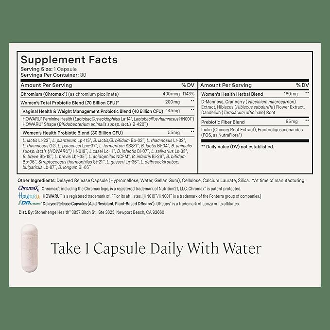 Stonehenge Health Biotics for Women Probiotic 70 Billion CFU 24 Strains + Prebiotic Fiber Weight Management Focus &amp Mood Digestive Vaginal &amp Immune Support Non-GMO 30 Delayed-Release Ve