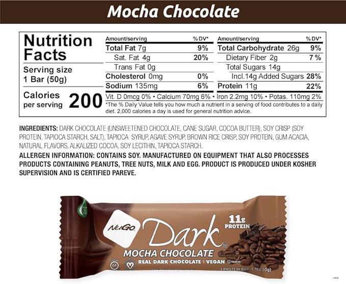 NuGo Dark Chocolate Mocha 11g Protein Bar Vegan Gluten Free Non-GMO Kosher Pareve 12 Count