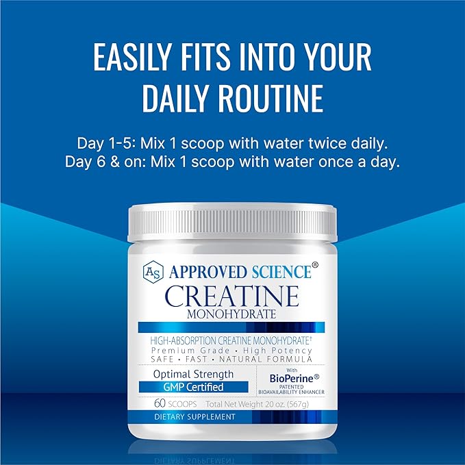Approved Science Creatine Monohydrate Powder – with BioPerine – Supports Strength Lean Muscle &amp Recovery – 5 g Per Serving – Unflavored Creatine Powder – Non-GMO Vegan – 60 Servings