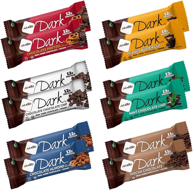 NuGo Dark Variety Box - Pretzel Chocolate Chip Mint Chocolate Chip Mocha Peanut Butter Cup and Almond 11-12g Protein Vegan Gluten Free Kosher Pareve 12 Count Variety