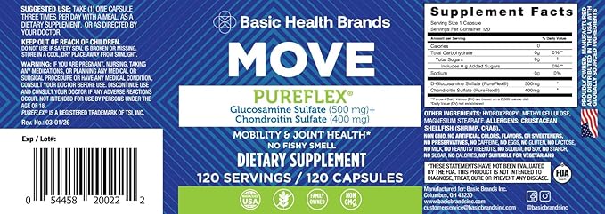 Basic Brands -Move Pureflex Glucosamine Chondroitin 120 Capsules – Joint Support Supplement for Cartilage Mobility &amp Flexibility – Glucosamine Sulfate &amp Chondroitin Sulfate – Made in USA