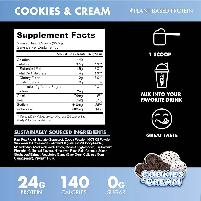 BLESSED Vegan Protein Powder - Plant Based Protein Powder Meal Replacement Protein Shake 23g of Pea Protein Powder Dairy Free Gluten Free Soy Free No Sugar Added 30 Servings (Cookies &amp Cream