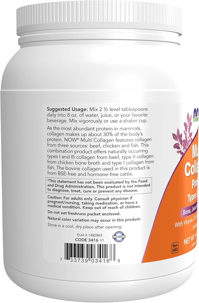 Now Foods Supplements Multi Collagen Protein Types I II &amp III Powder Bone Joint and Skin Health 16 oz (454 g)