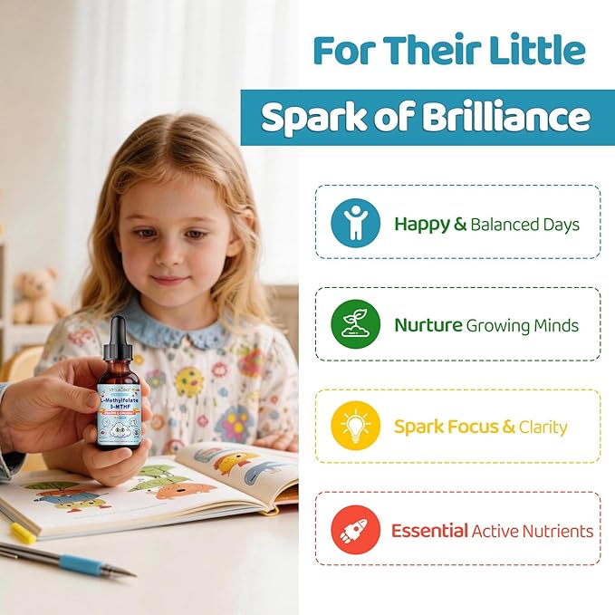 Liposomal L-Methylfolate 5-MTHF Liquid for Kids &amp Teens – High Absorption Methylated Folate with Citicoline &amp Methyl B12 – Supports Focus Clarity &amp Cognitive Development – Sugar-Free Berr