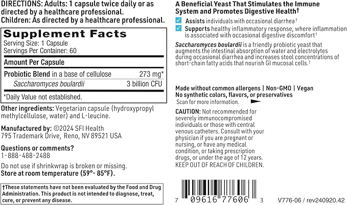 Klaire Labs SFI Health Saccharomyces Boulardii Gut Probiotics for Women &amp Men - 5 Billion CFU Yeast Probiotics for Digestive Health Immune Support &amp Diarrhea Relief (60 ct)