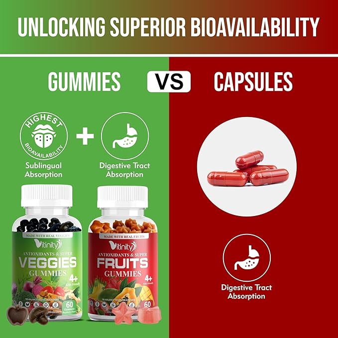 VITINITY Made with Real Fruit-Real Veggie Gummies-Superfood Vegetable Vitamin Supplement for WomenMenKids-Blend of Fruit and Greens for Daily Health.Fruits and Vegetables Supplements (30-Day Supply)