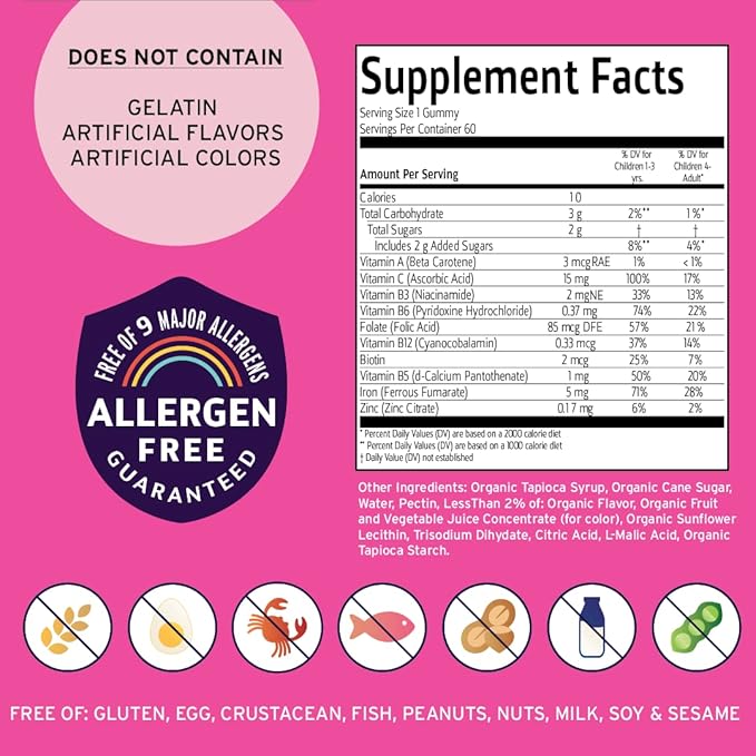 Vitamin Friends - Vegan Multivitamin &amp Iron for Kids - Daily Nutritional Support Gummies w/Ferrous Fumarate B-Complex Vitamin C Zinc Biotin - Body Function &amp Anemia - Strawberry (60 Day Su