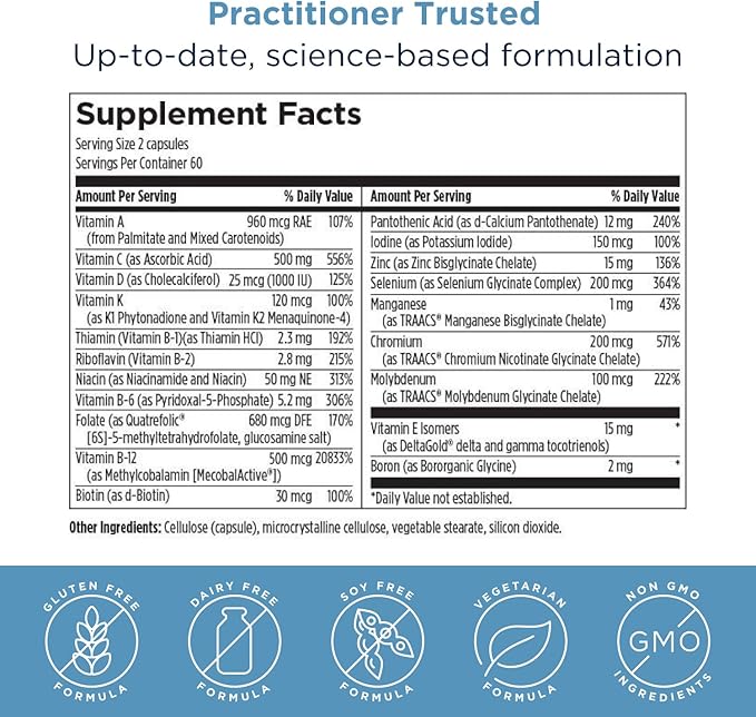 Designs for Health Methylated Multivitamin for Women &amp Men - Twice Daily Multimineral Supplement &amp Multivitamin Without Iron + Methylated B12 and Folate Vitamin C K D E + More (120 Capsule