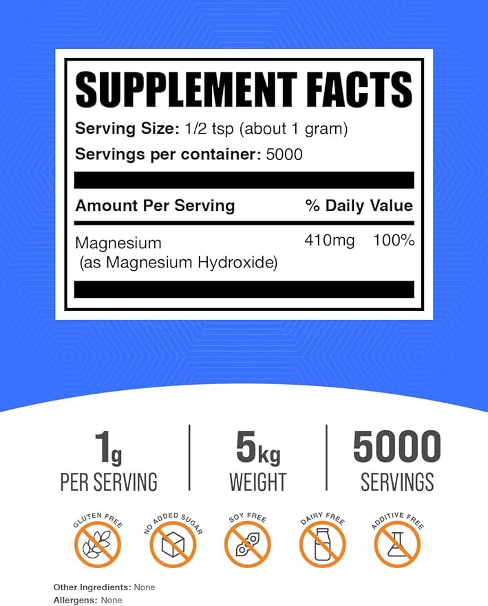 BulkSupplements.com Magnesium Hydroxide Powder - Magnesium Hydroxide Supplement - Food Grade &amp Gluten Free 1g per Serving 1kg (2.2 lbs) (Pack of 5)