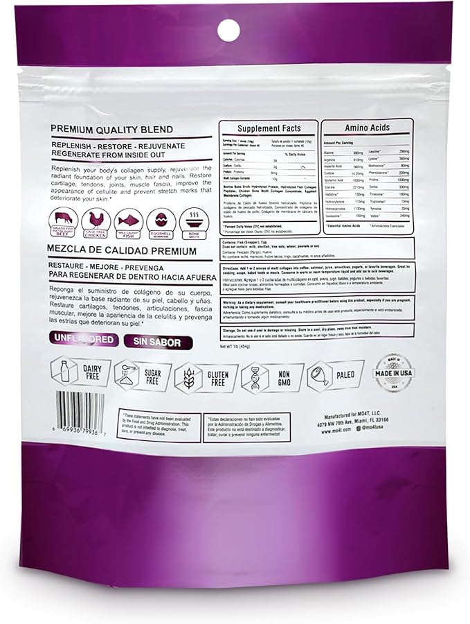 MO4T Hydrolyzed Multi Collagen Powder -Collagen Protein- Collagen Peptides-Type 123510 -Sugar-Free (1 Pound) Hair Skin &amp Nail Paleo &amp Keto Non-GMO