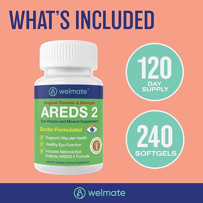 WELMATE AREDS 2 Eye Vitamins 240 Mini Softgels (4 Month Supply) - Lutein 5mg and Zeaxanthin 1mg with Vitamin C E Zinc - Gluten Free