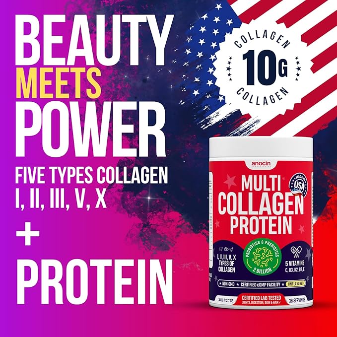 Multi Collagen Peptides w/Prebiotic + Probiotics + Type I II III V X + Hydrolyzed Collagen Powder w/Vitamin C+D3+B7+K2+E Hyaluronic Acid Supports Skin Hair Nail Joint Grass-Fed Non-GMO
