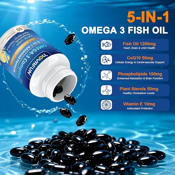 Omega 3 Fish Oil Supplements 1200mg High Potency 984mg Omega-3 Complex with CoQ10 Phospholipids Plant Stero &amp Vitamin E - Mini Easy-Swallow Softgels for Heart &amp Brain Health 60 Count