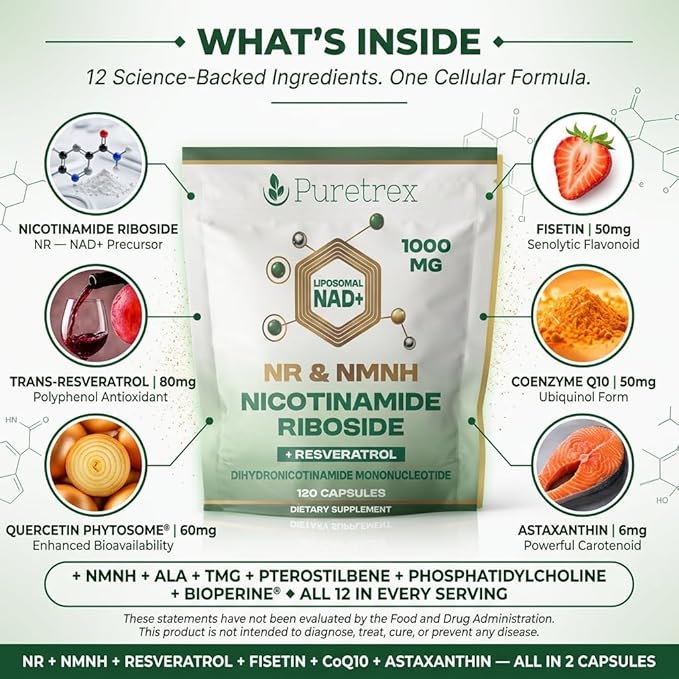 Liposomal NAD+ NR &amp NMNH Supplement | 1000mg Nicotinamide Riboside + Resveratrol | Advanced Cellular Energy &amp Brain Support | 120 Vegan Capsules