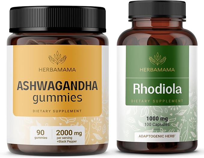 HERBAMAMA Ashwagandha and Rhodiola Kit - Bundle of 2000mg Ashwagandha Root &amp 1000mg Rhodiola Rosea Capsules - Vegan Non-GMO Gelatin-Free - 2 Pack