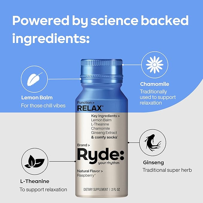 Ryde: Relax Shot | Raspberry Flavor | Lemon Balm L-Theanine Ginseng &amp Chamomile | 0 Calories 0 Sugar | 2 FL OZ Shots | Helps You Relax* (8 Pack)