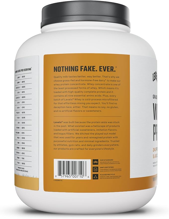 Levels Grass Fed Whey Protein Powder No Artificials 24G of Protein Vanilla Cinnamon 5LB