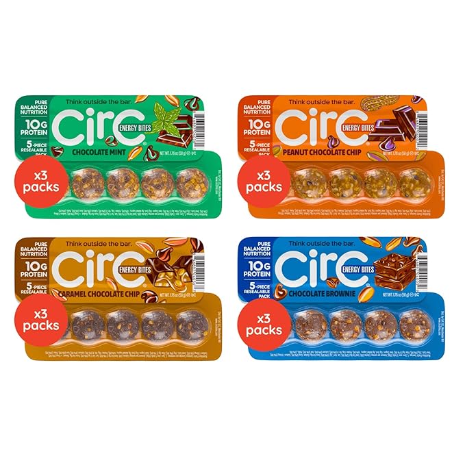 CirC Energy Bites - Chocolate Lovers Variety 12 Pack Gluten Free Protein Balls - 10g Protein Whole Grains Nuts &amp Fruit - Portable Healthy Snacks for Adults &amp Kids 5 Piece Resealable Packs
