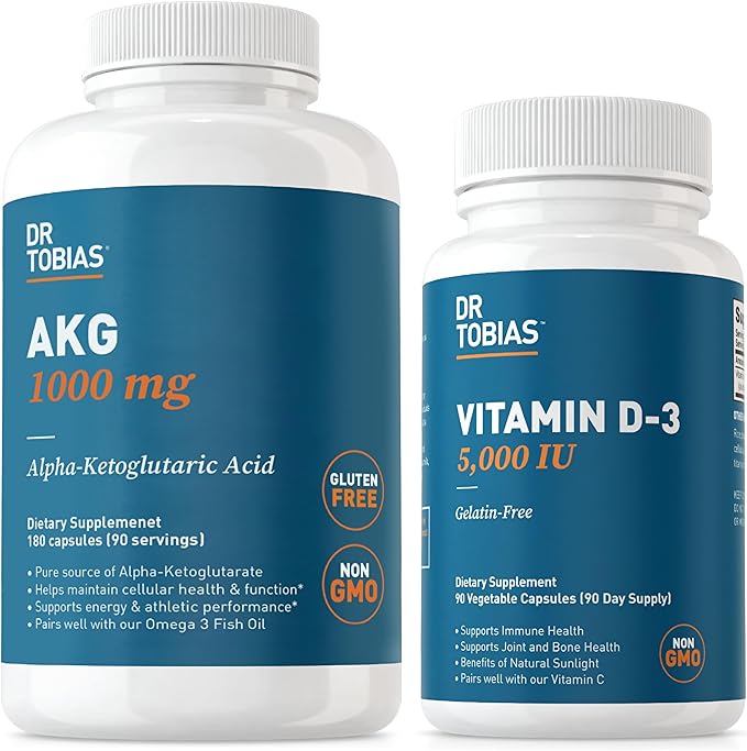 Dr. Tobias AKG Supplement &amp Vitamin D3 - Optimize Cellular Energy &amp Bone Health with High-Potency Vitamin D &amp Bioavailable AKG Non-GMO