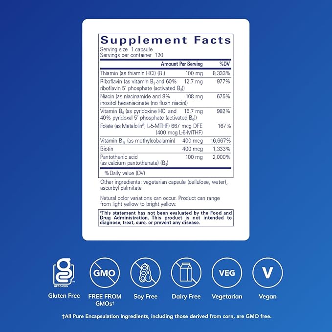 Pure Encapsulations B-Complex Plus - B Vitamins Supplement to Support Neurological Health Cardiovascular Health Energy Levels &amp Nervous System Support* - with Vitamin B12 &amp More - 120 Capsul