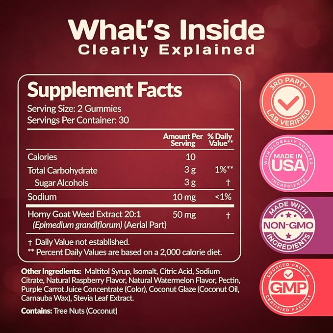 Libido Support for Women Intimacy Gummies - Fast Acting HornyGoatWeed for Women Extract - Gluten Free Vegan &amp Non-GMO - Raspberry Watermelon Flavor - Spicy Gummies for Couples - 60 Gummies