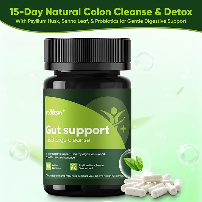Gut Support Capsules - 15-Day Digestive Support with Psyllium Husk &amp Senna Leaf - Aids Bowel Function &amp Gut Wellness - 60 Active Capsules (1PCS)