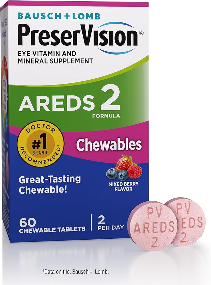 PreserVision AREDS 2 Eye Vitamins #1 Eye Doctor Recommended Brand Chewable Lutein and Zeaxanthin Supplement with Vitamin C Vitamin EZinc and Copper Mixed Berry 60 Tablets