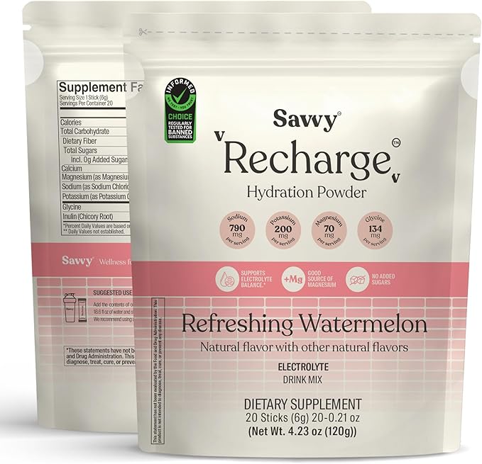 SAVVY Bone Broth Power Vanilla Protein Powder 22g Protein 12g Collagen &amp Recharge Electrolyte Powder Sugar Free Hydration Drink with Sodium Magnesium Potassium Glycine Watermelon Flavor