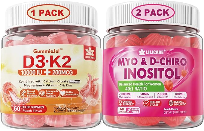 Bundle: Vitamin D3 K2 Filled Gummies &amp Inositol Gummies Ideal 40:1 Ratio Myo &amp D-Chiro