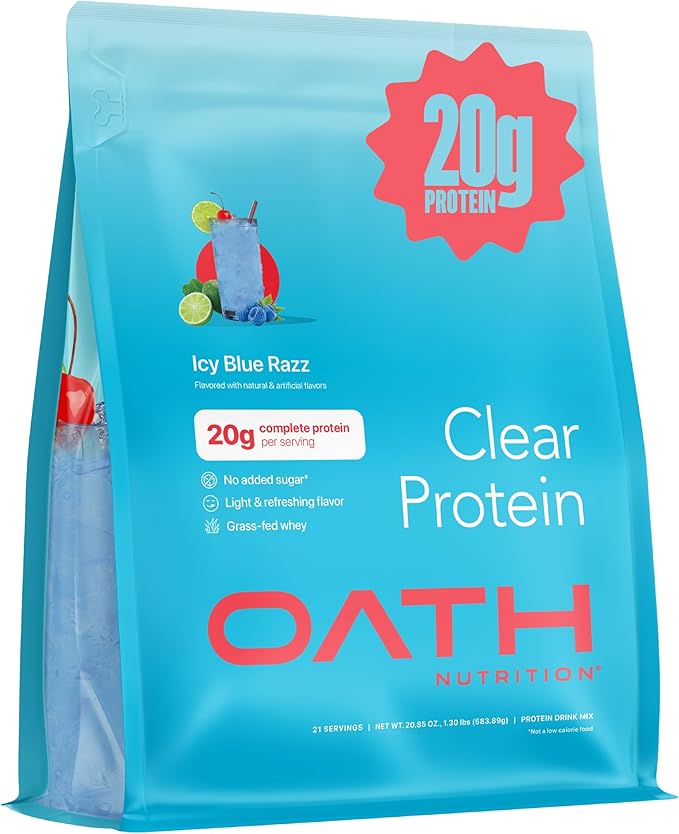 Oath Nutrition Clear Whey Isolate Protein Powder ICY Blue Razz 20g Complete Protein per Serving No Added Sugar Grass-Fed 21 Servings